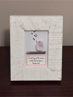 Handcrafted White Rustic Frame with Light Pink Bird Sea Glass Art